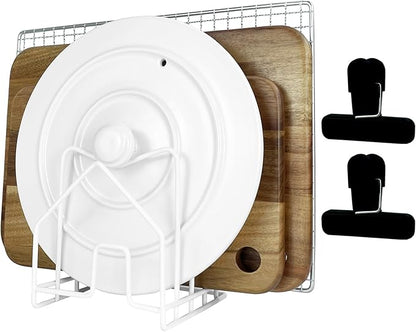 Cutting Board Holder Pot Lid Organizer W 2 Chip Bag Clips 304 Stainless Steel Pan Organizer Under Cabinet Inside Cabinet Pot Cover Cookie Sheet Bakeware Serving Tray Cooling Rack Stand Kitchen White