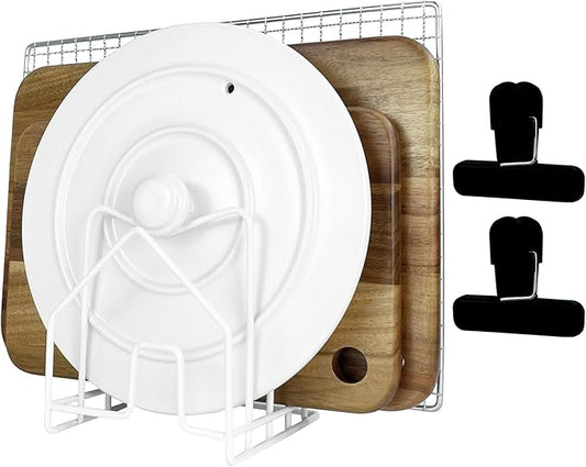 Cutting Board Holder Pot Lid Organizer W 2 Chip Bag Clips 304 Stainless Steel Pan Organizer Under Cabinet Inside Cabinet Pot Cover Cookie Sheet Bakeware Serving Tray Cooling Rack Stand Kitchen White