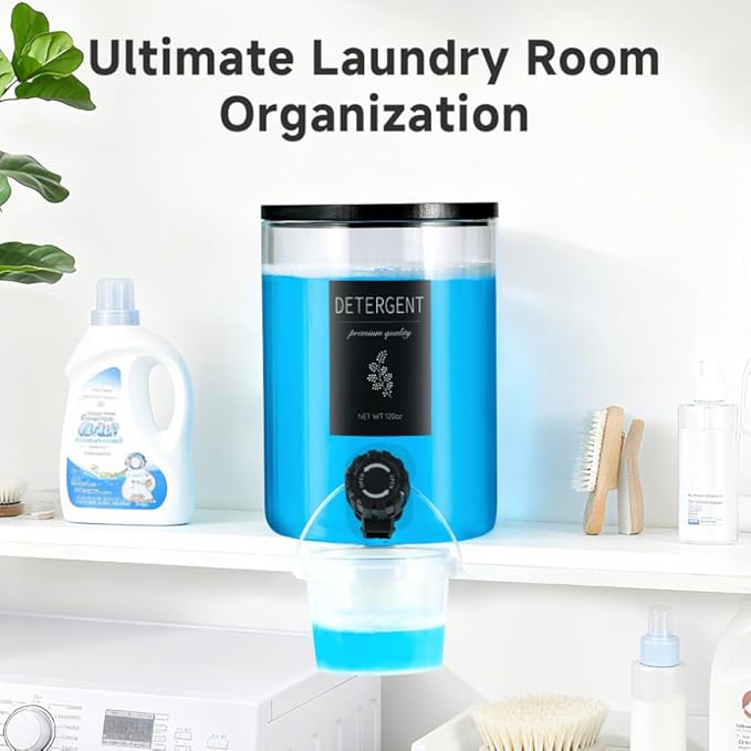 1 Glass Laundry Detergent Dispenser with Black Bamboo Lid - 120 Oz Liquid Detergent, Laundry Soap & Fabric Softener Dispenser for Laundry Room Organization and Storage with 1 Cups & 4 Labels