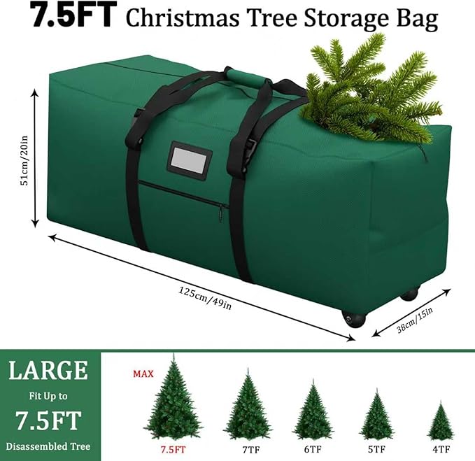 7.5 ft Christmas Tree Storage Bag, Heavy Duty Rolling Xmas Tree Bag with Reinforced Handles and Wheels, Large Storage Container for Trees and Decorations, Green