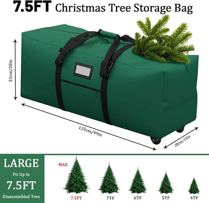 7.5 ft Christmas Tree Storage Bag, Heavy Duty Rolling Xmas Tree Bag with Reinforced Handles and Wheels, Large Storage Container for Trees and Decorations, Green