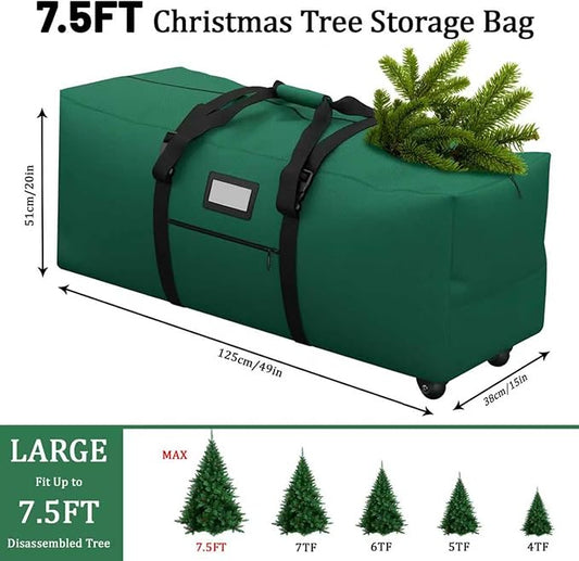 7.5 ft Christmas Tree Storage Bag, Heavy Duty Rolling Xmas Tree Bag with Reinforced Handles and Wheels, Large Storage Container for Trees and Decorations, Green