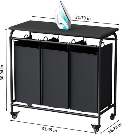 LINZINAR 3 Bag Laundry Basket Sorter Heavy Duty Rolling Lockable Wheels Laundry Hamper Cart with Ironing Board and Removable Bags, Black