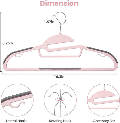 BAGAIL Plastic Hangers 50 Pack with Non-Slip Design,0.2 Inches Thick, 360°Swivel Hook Space Saving Organizer for Bedroom Closet,Shirts,Pants(Pink- S Shaped)
