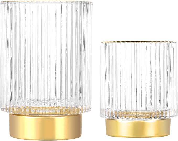 DASITON Makeup Brush holder Organizer,Crystal Cosmetic Makeup Brush Glass Brushes Storage Holder, Vintage Make Up Brush Cup Pen Pencil Holder striped vase(Clear S+L)