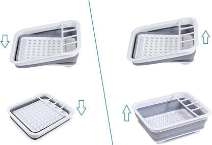 Collapsible Dish Drying Rack with Drain board Set Portable Dish Drainer Foldable Drying Dish Storage Rack Silverware Organizer