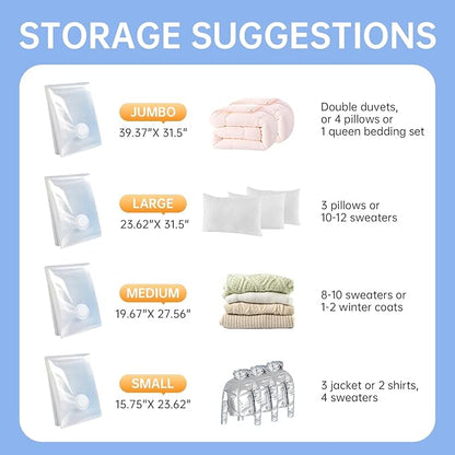 12 Pack Vacuum Storage Bags with Hand Pump, (3 Small, 3 Medium, 3 Large, 3 Jumbo) Vacuum Seal Bags for Clothing, Space Saver Bags for Travel, Luggage Compression Packing