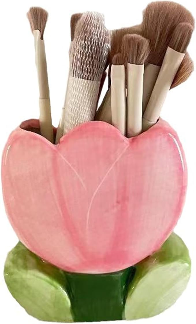 Cute Pen Holder for Desk Pink Vase Decor Aesthetic Toothbrush Holder Pencil Holder for Office Makeup Brush Holder Kawaii Desk Accessories Tulips Home Decor Birthday Gifts for Women