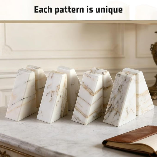 Marble Bookends for Heavy Books, Calacatta Decorative Book Ends for Shelves, Unique and Heavy Bookends for Hardback Book & Cookbooks, Stone Book Stopper, Modern Book Holder,Set of 2
