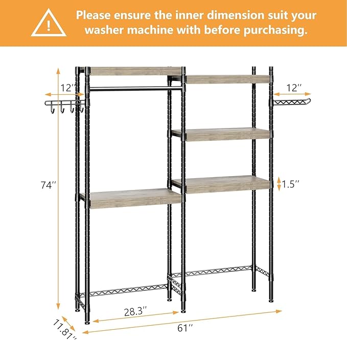 Garvee 28 in Over-The-Toilet/Washer Shelf – 5-Tier Laundry Organizer with Double-Layer Wood Shelves (100 LB Capacity), Adjustable Height Storage for Small Spaces (Grey & Black)