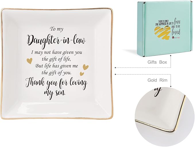 HOME SMILE Mother's Day Gifts for Daughter in Law Ceramic Ring Jewelry Dish Tray Plate for Birthday Christmas Valentines Wedding-Thank You for Loving My Son