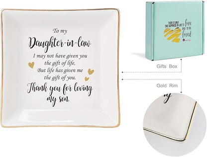 HOME SMILE Mother's Day Gifts for Daughter in Law Ceramic Ring Jewelry Dish Tray Plate for Birthday Christmas Valentines Wedding-Thank You for Loving My Son