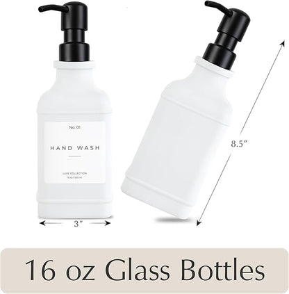 Emerson Essentials Glass Soap Dispenser Set – 16 oz 2-Pack – Refillable Dish & Hand Soap Dispensers for Kitchen or Bathroom – Stainless Steel Pump & Waterproof Labels Included
