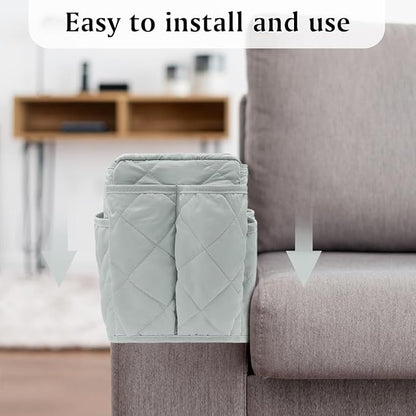 HADEEONG Remote Control Holder, Non Slip Bedside Armchair Caddy, Recliner Arm Caddy Armrest Organizer with 14 Pockets for Cell Phone TV Remote Control Magazines, Light Gray