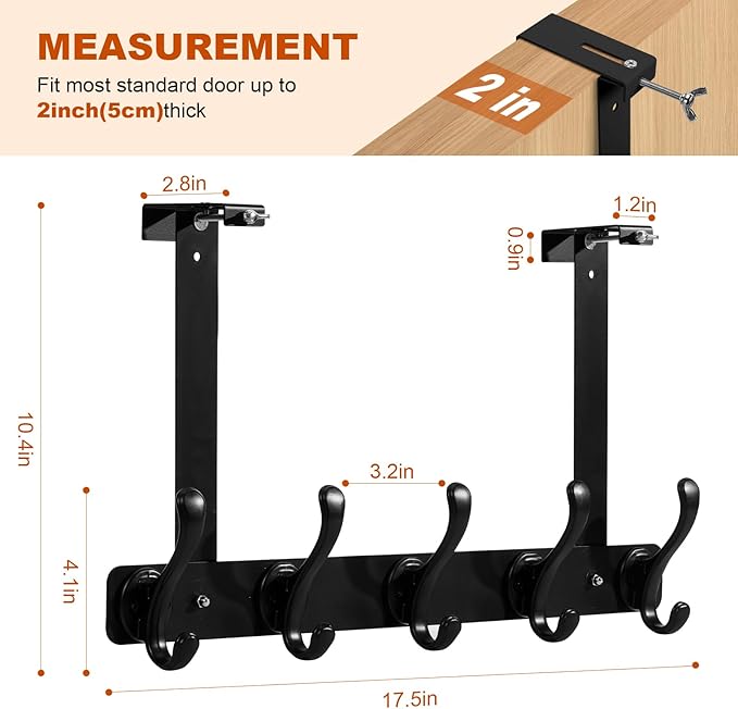 persevere Over The Door Hooks with Auto-Locking Design, Rustproof Multi-Functional Coat Rack, Bathroom Towel Holder, Space-Saving Door Hanging Organizer with 5 Hooks for Clothes and Towels (Black)