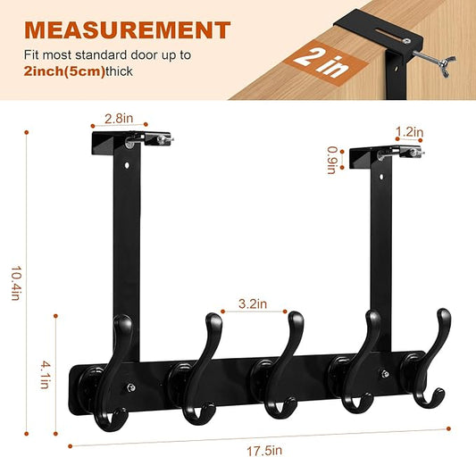 persevere Over The Door Hooks with Auto-Locking Design, Rustproof Multi-Functional Coat Rack, Bathroom Towel Holder, Space-Saving Door Hanging Organizer with 5 Hooks for Clothes and Towels (Black)