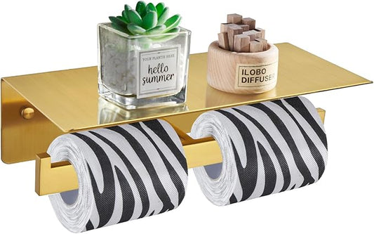Suyar Toilet Paper Holder Brushed Gold, SUS 304 Stainless Steel Bathroom Double Toilet Paper Roll Holder with Shelf, Wall Mounted