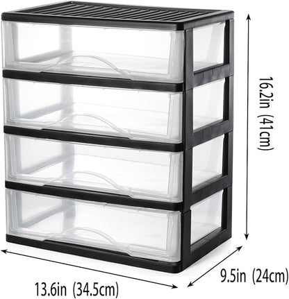 BYCY Medium 4 Drawer Clear Stacking Desktop Organizer for Office Supplies,Stackable Storage Drawers Plastic Storage Bins For Kitchen Cabinets, Pantry, Home Organization (Black, Medium 4Drawer)