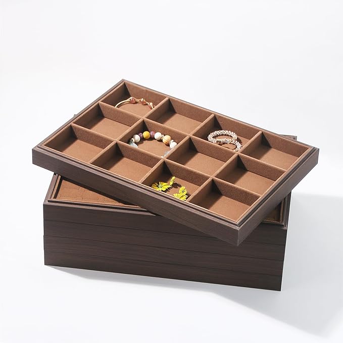 2Pcs/Set Wood Jewelry Organizer Tray, Stackable 12 Grid Jewelry Display Tray for Drawer, Rings Earring Storage Case, Necklace Accessories Display Holder for Store Selling or Home Show