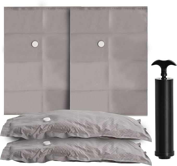 2-Pack Reusable Fabric Vacuum Seal Bags for Clothing Travel – Medium Compression Travel Essentials with Manual Pump, Tear-Resistant Oxford Cloth for Luggage, Closet & Packing Organization (Gery-2M)