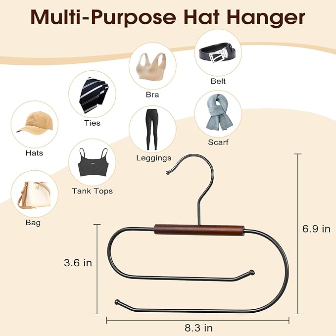 LoforHoney Hat Hanger for Closet, Hat Organizer for Baseball Caps, Wooden & Metal Hat Rack, Double-Layer Hanging Rack Holds 10 Hats, Ideal for Hats, Ties, Bags, Belts, Leggings (1 Pack)