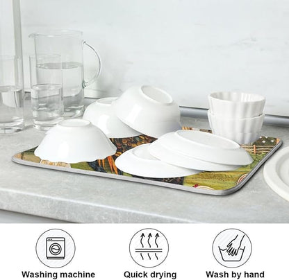 ZzWwR Rural Farm Painting House Rooster and Hen Absorbent Dish Drying Mat Microfiber Kitchen Countertop Table Protector Multi-Purpose Counter Rack Sink Drainer Pad (16" x 18)