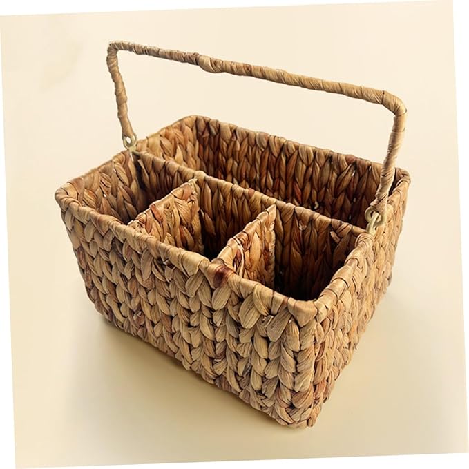 Woven Straw Storage Basket for Kitchen Home Decor Utensil Organizer Multi-compartment Cutlery Holder Folding Handle Natural Style