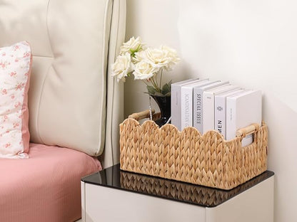 Scalloped Edge Wicker Basket,Hand-Woven Rattan Baskets with Wooden Handles,Natural Water Hyacinth Basket for Laundry,Shelves,Rectangular Set of 2