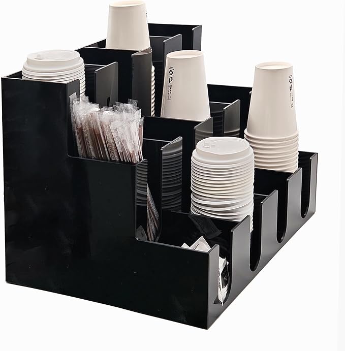 CiaoHER Large Acylic Coffee Cup and Lid Dispenser with 12 Compartments, Counter Top for Coffee Station to Organize Disposable Cups, for Home or Office Use (Black)