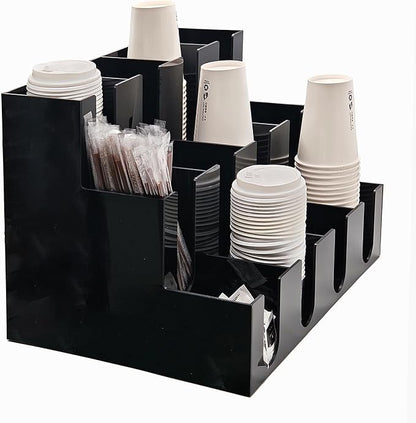 CiaoHER Large Acylic Coffee Cup and Lid Dispenser with 12 Compartments, Counter Top for Coffee Station to Organize Disposable Cups, for Home or Office Use (Black)