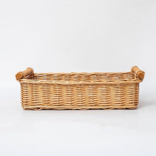 YAHUAN Woven Wicker Storage Basket Wicker Tray Shallow Basket Organizing 16.54L x 11.02W x4.72H in (Wicker)