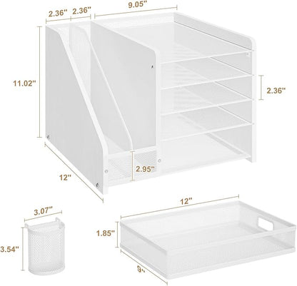 Marbrasse Desk Organizer with File Holder, 5-Tier Paper Letter Tray Organizer with Drawer and 2 Pen Holder, Mesh Desktop Organizer and Storage with Magazine Holder for Office Supplies (Wood-White)