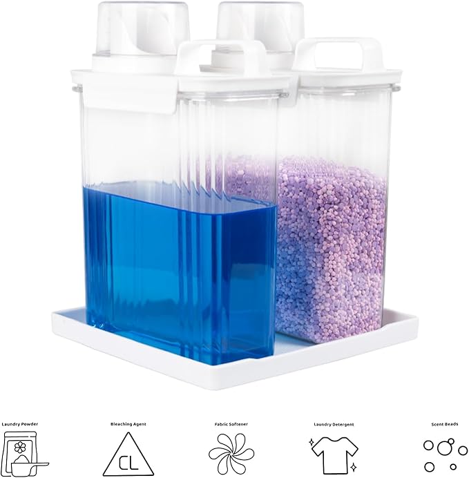 68oz Laundry Detergent Container, 2 Pack Plastic Liquid Detergent Dispenser for Laundry Room Powder,Soap,Fabric Softener, Scent Beads Storage and Organization,with 5 Labels,1 Tray.(2, 68oz)