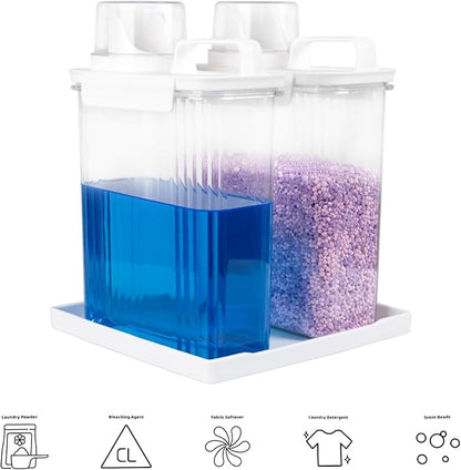 68oz Laundry Detergent Container, 2 Pack Plastic Liquid Detergent Dispenser for Laundry Room Powder,Soap,Fabric Softener, Scent Beads Storage and Organization,with 5 Labels,1 Tray.(2, 68oz)