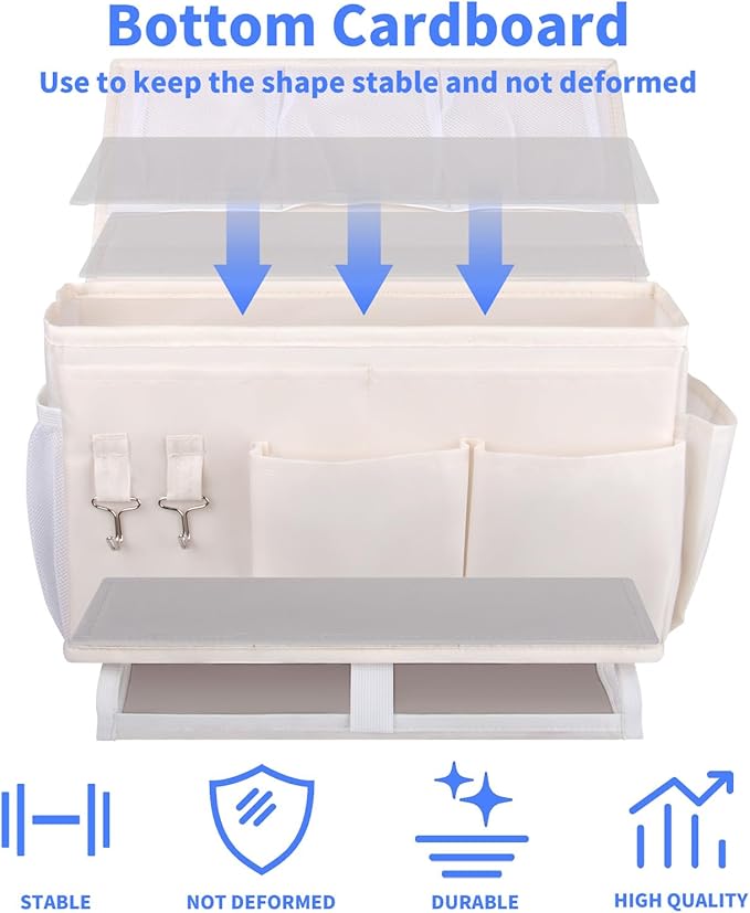 NINTHFIT Bedside Caddy for Dorm Bed Bedside Organizer, Bedside Storage with 10 Pockets and Power Strip Holder, Multifunctional Bedside Pocket for Home, College, Dorm, Bunk/Hospital/Crib Bed (Beige)