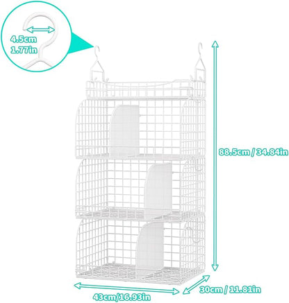 HapiRm Hanging Closet Organizer Storage - 3 Tier Metal Stackable Hanging Closet Shelves with Dividers and S Hooks, Foldable Clothes Shelves for Clothes, Pants, Shoes, Coat, Hats Clutches Accessories