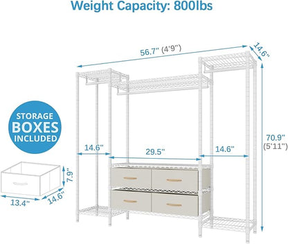 VIPEK V20 Wire Garment Rack Heavy Duty Clothes Rack, Metal Clothing Rack with 6 Shelves, 3 Hang Rods & 4 Fabric Drawers, Compact Freestanding Closet Wardrobe, 56.7" L x 14.6" W x 70.9" H, White