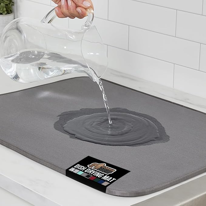 GORILLA GRIP Ultra Water Absorbent Microfiber Dish Drying Mat, Quick Dry Thick Mesh, Slip Resistant Pad for Sink Dishes or Under Rack, Kitchen Counter Accessories, 16x18, Machine Wash Mats, Gray