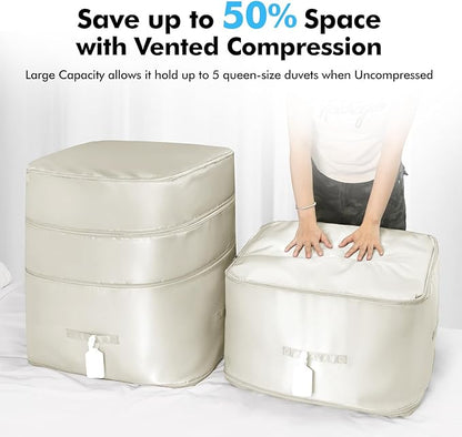 Comforter Storage Bag-Ultra Space Saving Large Self Compression Organizer for Comforters and Blanket,3-Layer Zipper Self-Compressing Organizer for Storage Bedding. (Beige, 3 Pack)