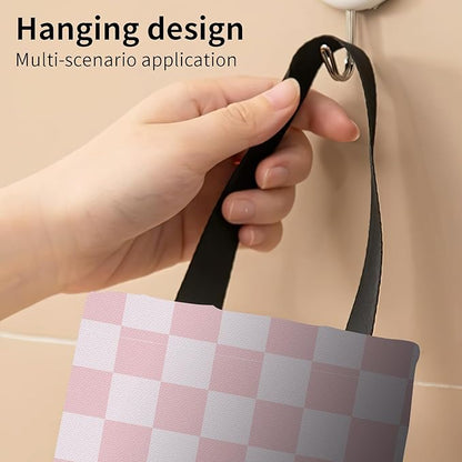 Plastic Bag Holder, Wall Mount Grocery Bag Organizer, Funny Hanging Trash Storage Dispenser for Home Kitchen Cute Pink Checkers