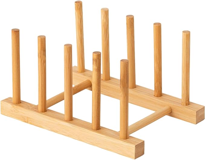 Yuixoseu Bamboo Wooden Dish Rack, Plate Organizer for Cabinet Space Saver and Kitchen Counter, Bowl/Cup/Pot Lid/Cutting Board Drying Holder (4 Slots)