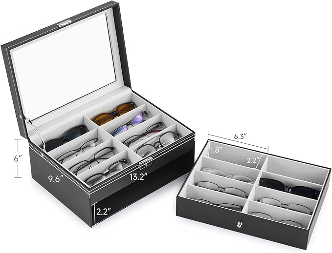 CO-Z Sunglasses Organizer, Leather Eyeglasses Storage Box for Women Men, Lockable Sunglass Display Case Holder with Drawer