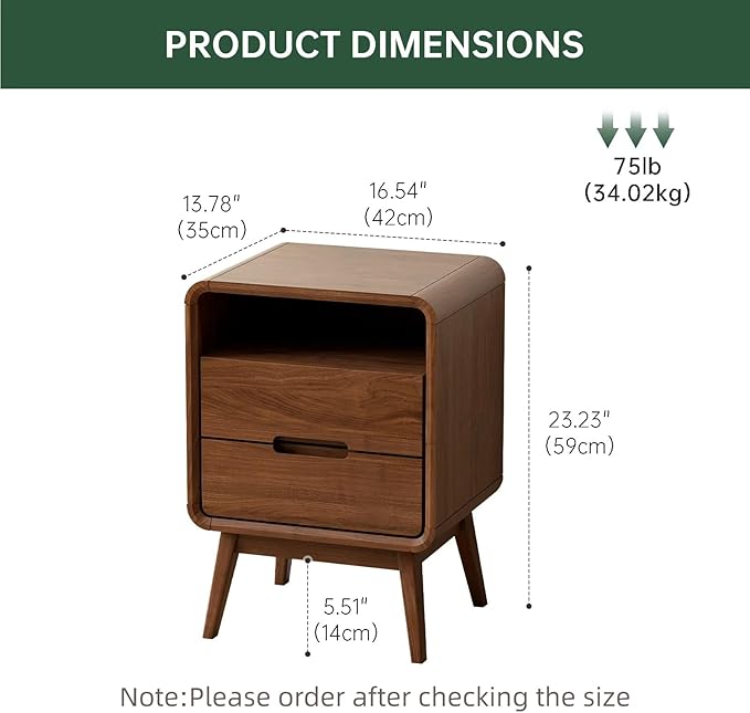 Vadisun Walnut Nightstand Set of 2, Solid Wood Nightstand with Drawers & Open Storage Shelf, Mid Century Modern Nightstands, Wood End Table for Bedroom, (Dark Black Walnut, 23.23" H)