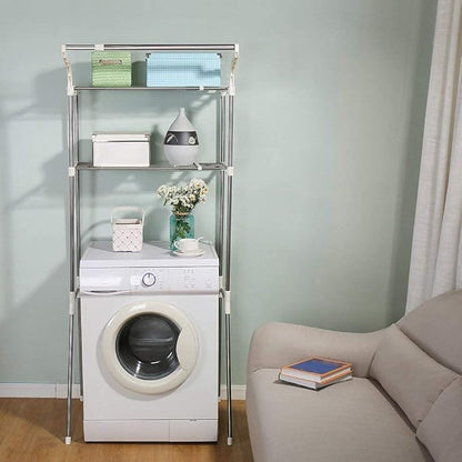 BAOYOUNI Adjustable Over Toilet Bathroom Organizer Above Washer Dryer Storage Shelf 2-Tier Space Saving Rack (24.4-40.55) W X 19.48 D X 68.11 H Inches, Ivory