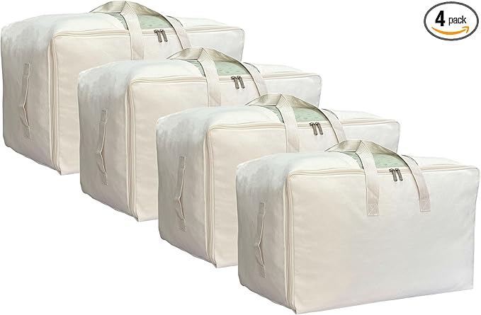 Soft Large Canvas Storage Bags with Zipper and Clear Window, Cotton Linen Storage for Pillows, Quilt, Blankets and Comforter, 80L, 4 Pack, Beige