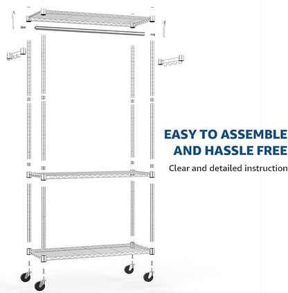 Heavy Duty Rolling Garment Rack 3 Tiers Adjustable Wire Shelving Clothes Rack with Rods and Side Hooks,Storage Closet Clothing Rack with Wheels Chrome 15.7" D x 29.5" W x 74.5" H