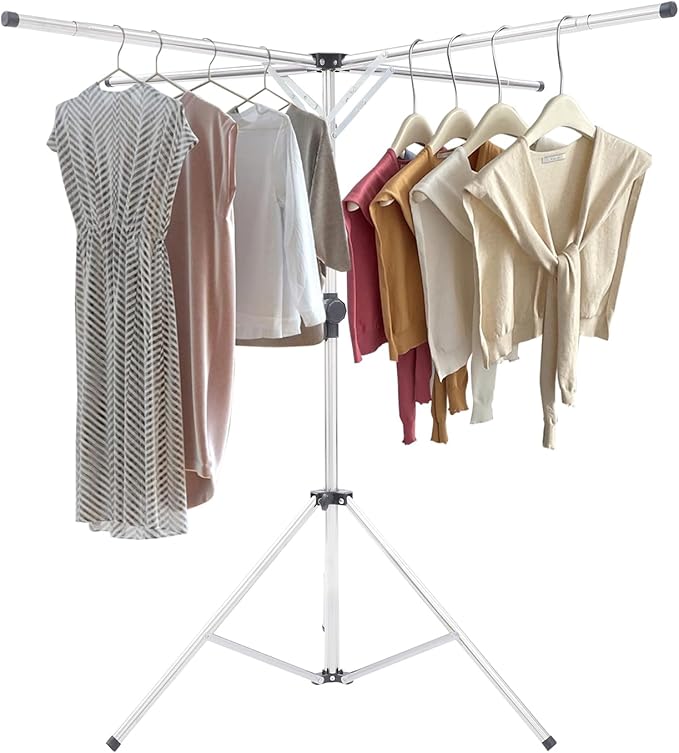 Folding Tripod Clothes Drying Rack, Silver Portable Drying Rack, Adjustable Height and Extendable, X-Shaped Adjustable Laundry Rack with 10 Windproof Hooks for Drying Skirts, Shirts, Pants