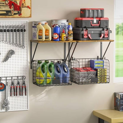 2 Pack Garage Shelves Wall Mounted with Wire Storage baskets, Heavy Duty Garage Wall Shelving with Hooks, Wooden floating shelves Tool Organizer for Home Garden Garage Organizers and Storage