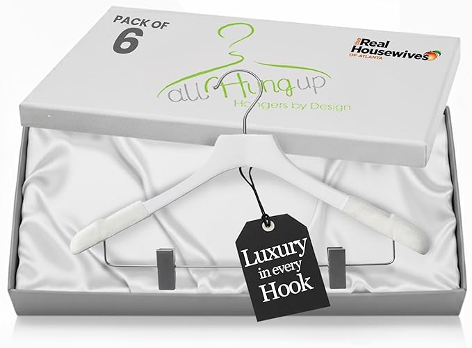 All Hung Up Hangers - Wooden Hangers with Clips for Women, Solid Wood Skirt & Suit Hangers, Heavy-Duty Adjustable Non-Slip Design with Velvet Grip, White with White Velvet, 6 pcs
