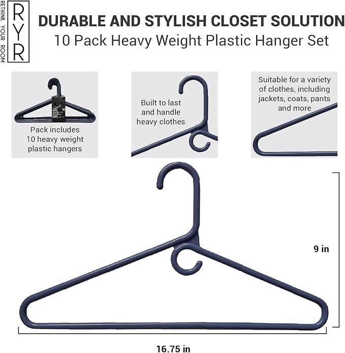 Rethink Your Room Clothes Hangers 10 Pack Plastic - Heavy Duty Space Saving Coat, Velvet Hangers, Pant Hangers for Closet Organization - Durable Non-Slip, Navy Wardrobe Essentials Bulk Storage